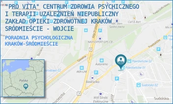 PORADNIA PSYCHOLOGICZNA - "PRO VITA" CENTRUM ZDROWIA PSYCHICZNEGO I TERAPII UZALEŻNIEŃ NIEPUBLICZNY ZAKŁAD OPIEKI ZDROWOTNEJ KRAKÓW - SRÓDMIEŚCIE - WOJCIE - UL. JAKUBA MAJORA 5/1,  KRAKÓW-ŚRÓDMIEŚCIE